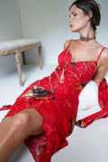Rare Red Beaded Silk Mini Dress with Sash
