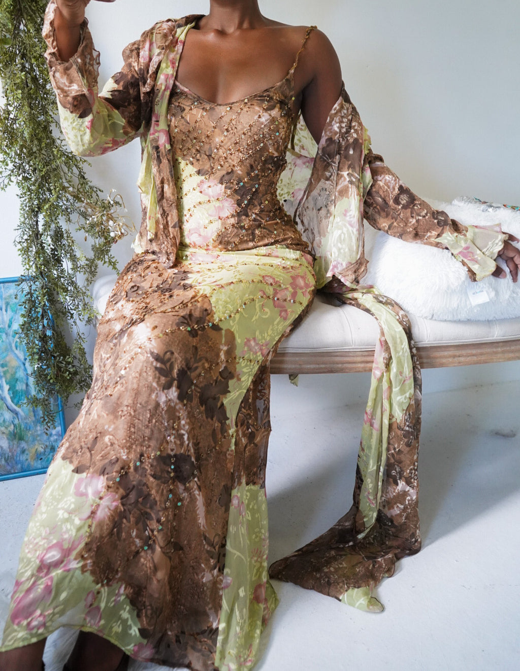 Rare Y2K Beaded Silk Gown with Scarf and Blouse