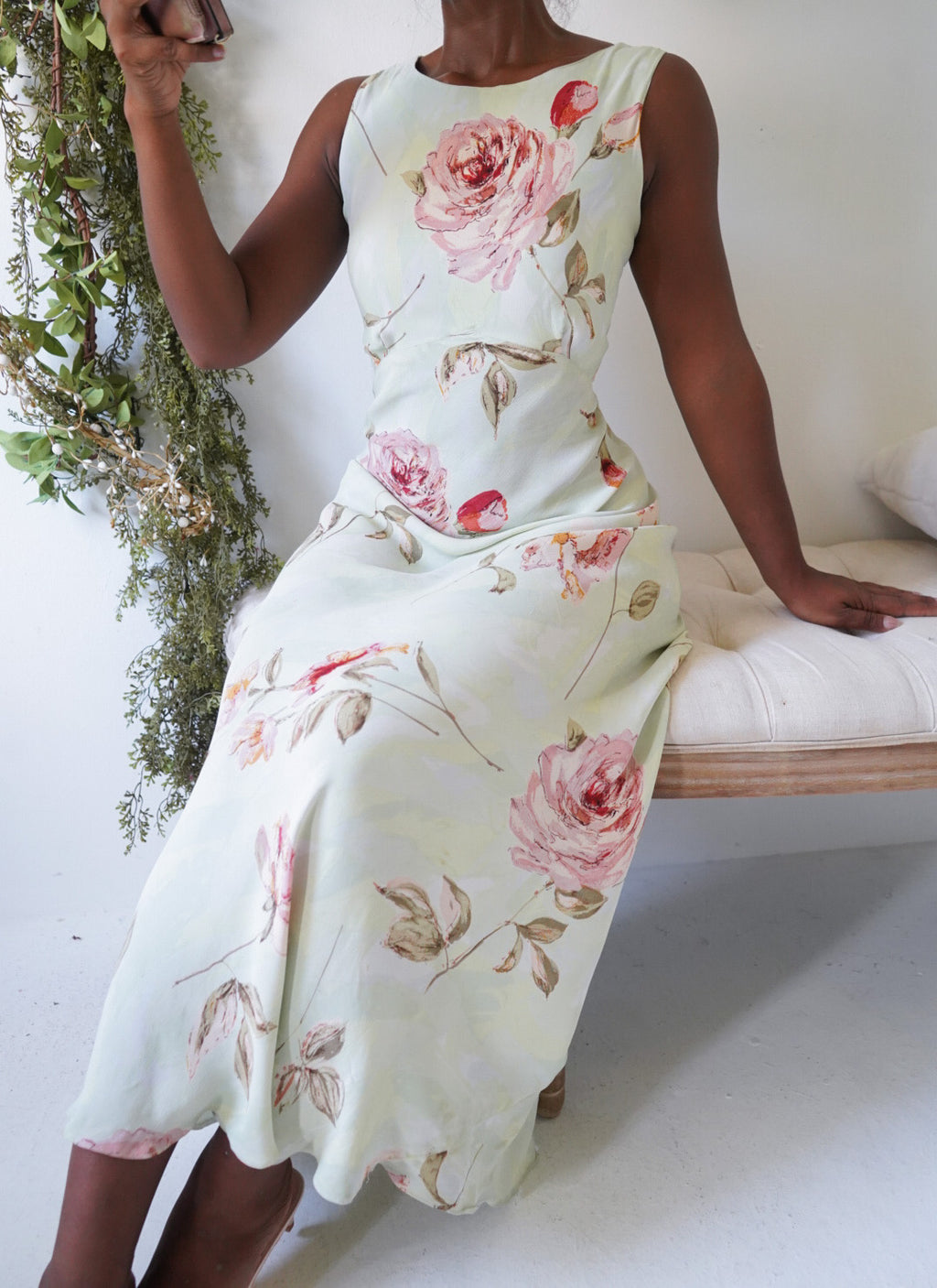 Y2K Romantic Green Rose Maxi Dress