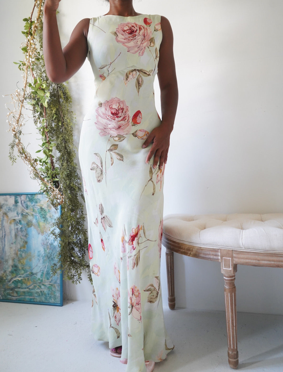 Y2K Romantic Green Rose Maxi Dress