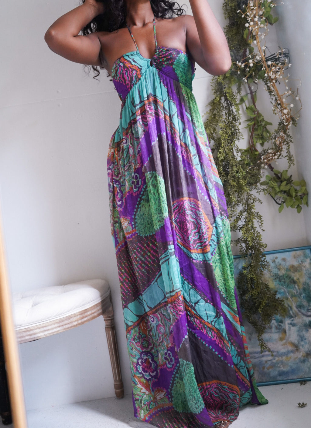 Y2K Boho Strapless Halter Tie Maxi Dress