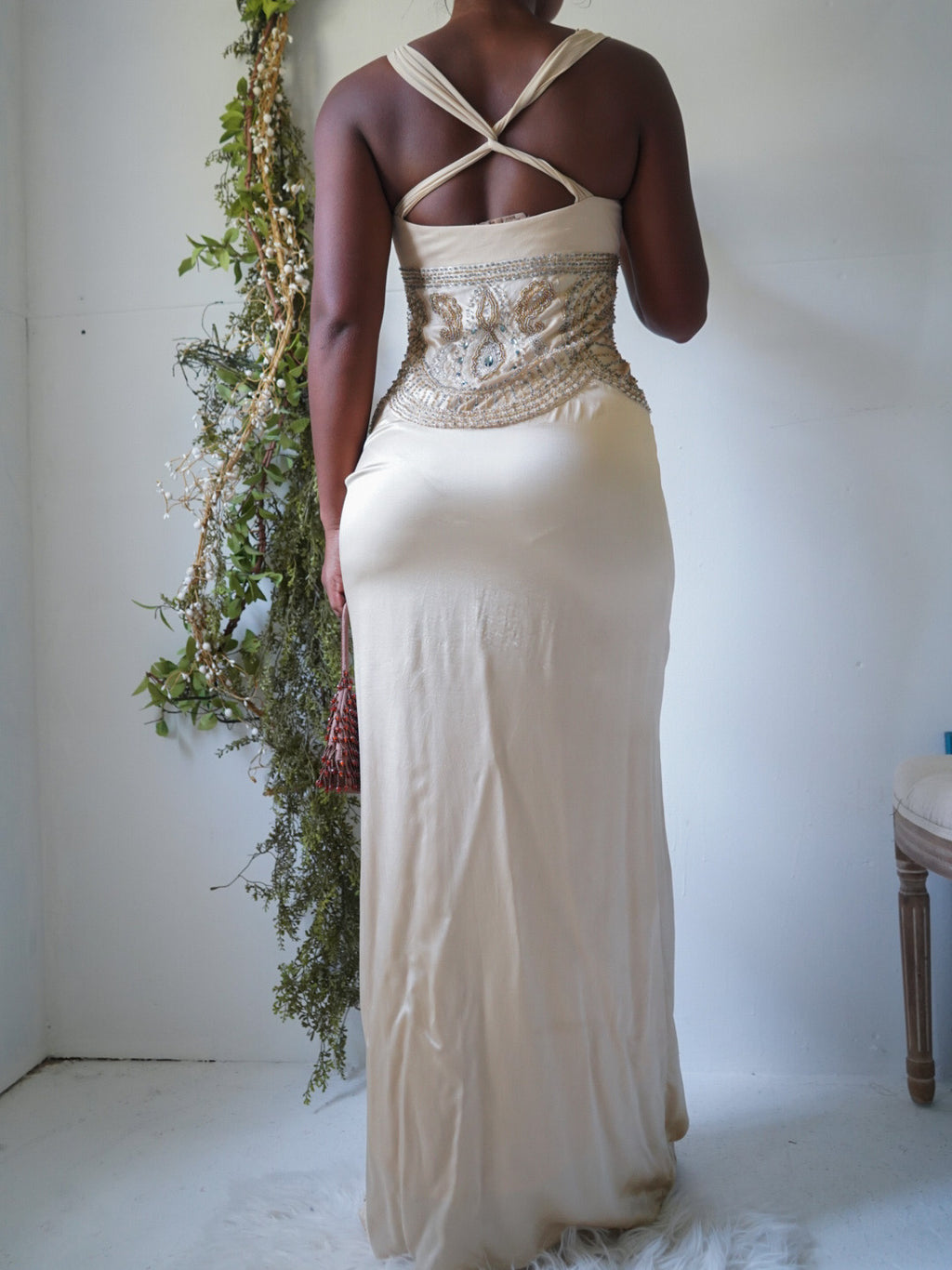 Y2K Champagne Silk Paisley Beaded Sue Wong Gown