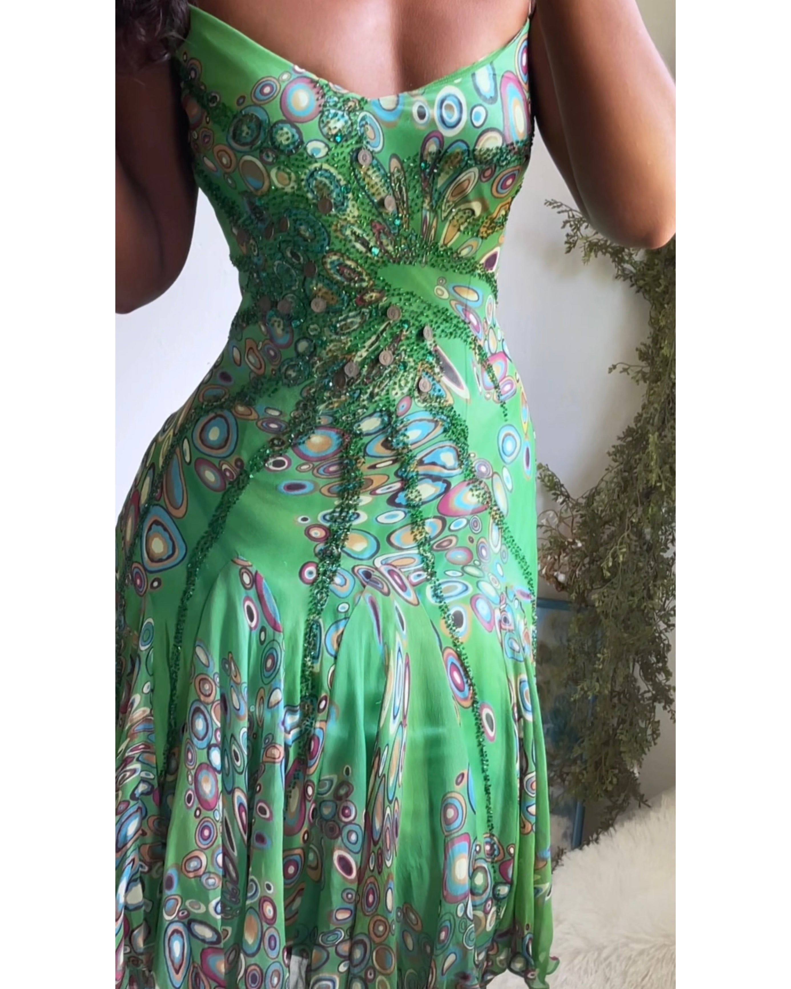Rare Y2K Kelly Green Abstract Beaded Dress
