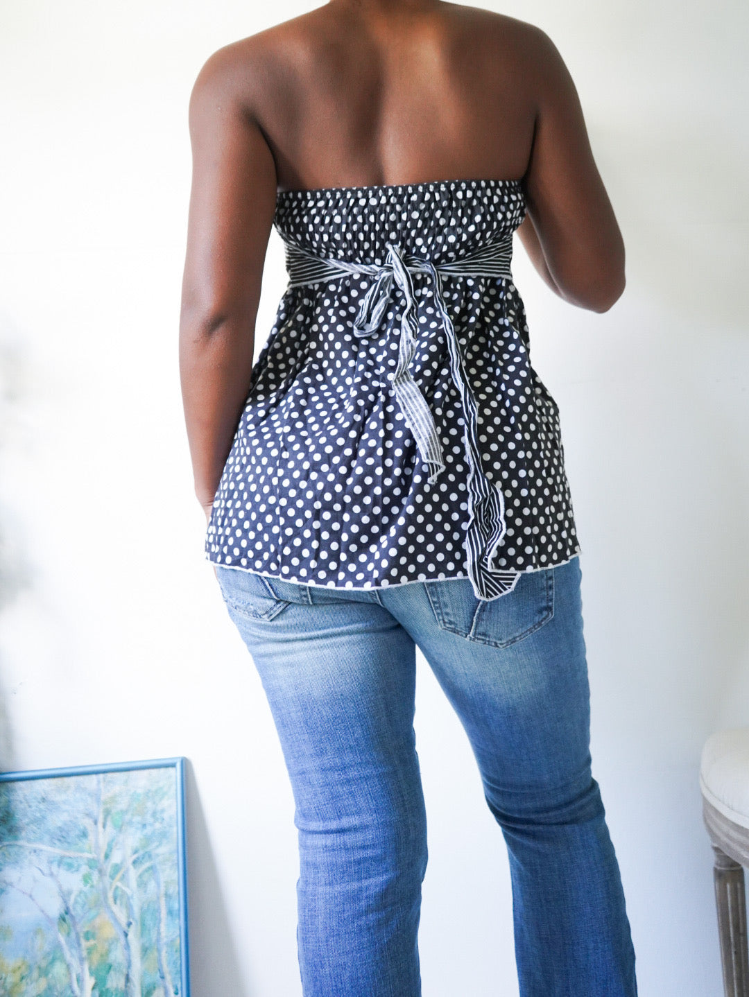 Y2K Monochrome Polka Dot Strapless Babydoll Top