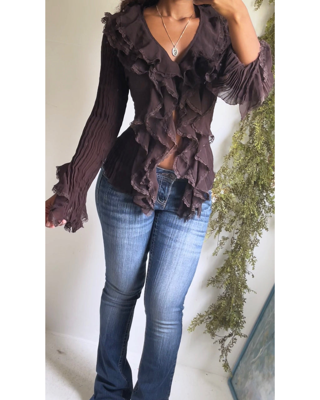 Y2K Dark Chocolate Crinkle Ruffle Button Down Top