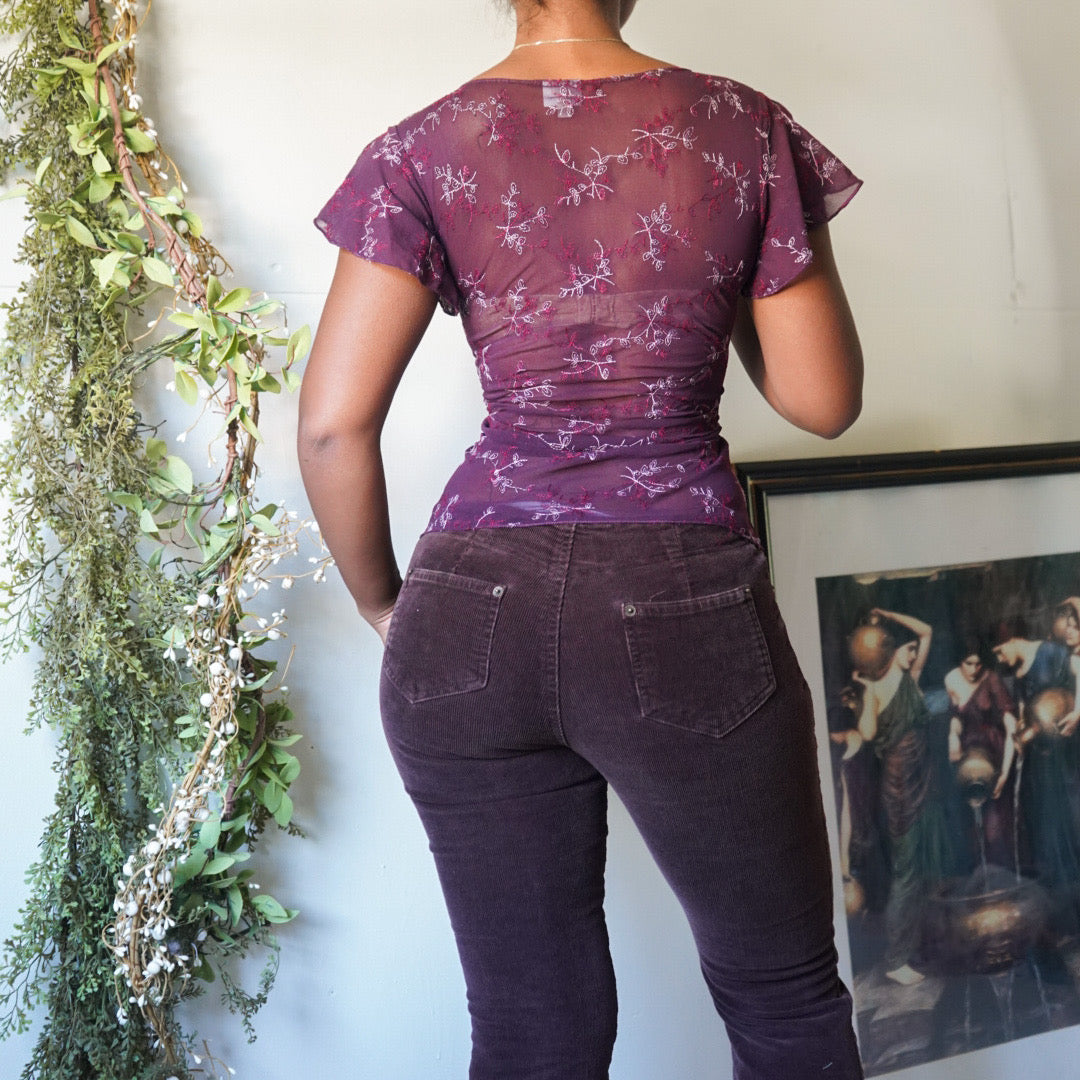 Plum Mesh Embroidered Fairy Top