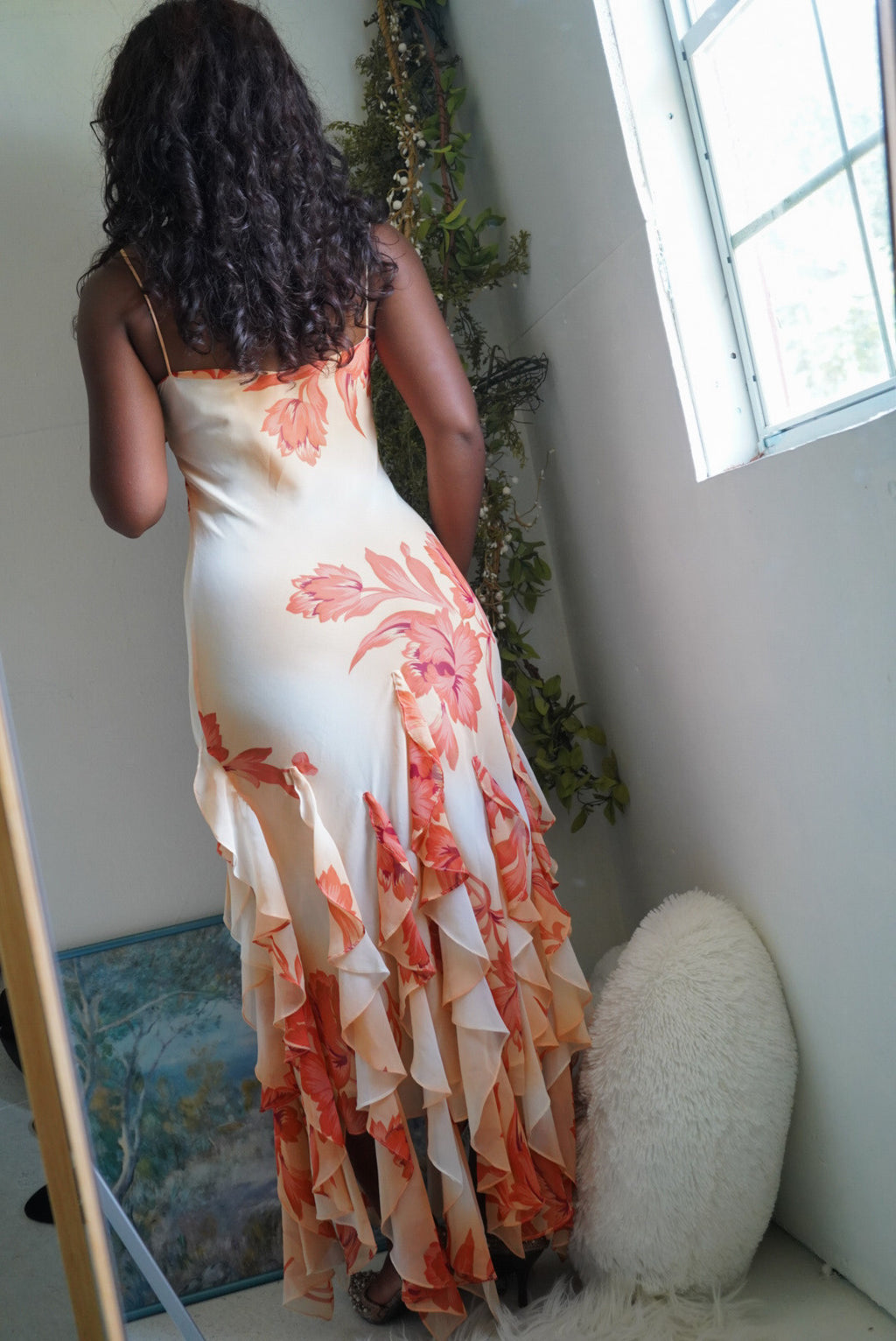 Y2K Peach and Cream Floral Ruffle Hem Fairy Gown