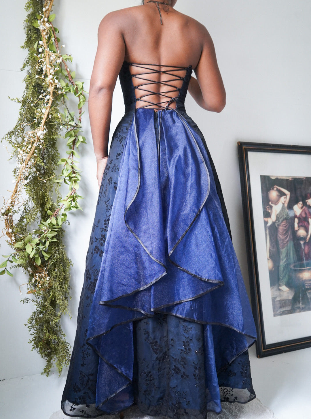 Rare Vintage Blue and Black Layered Strapless Gown