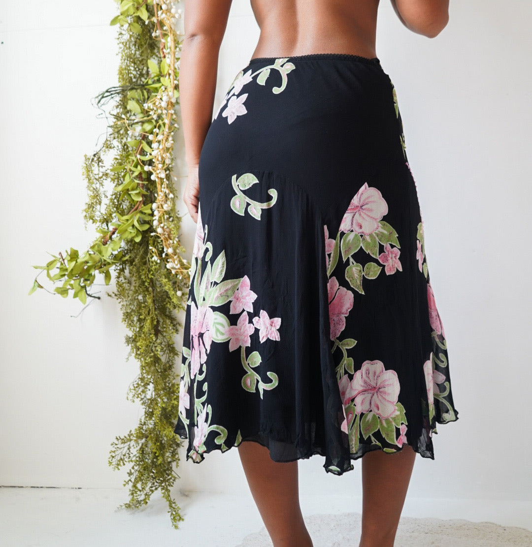 Y2K Black Floral Sequin Midi Skirt