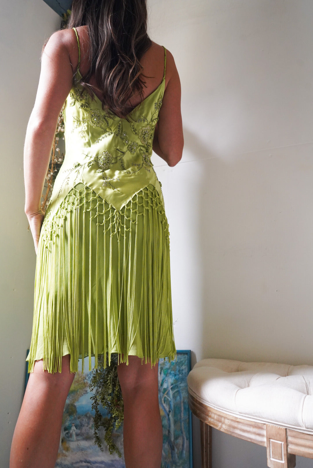 Rare Y2K Green Charmeuse Sue Wong Fringe Dress