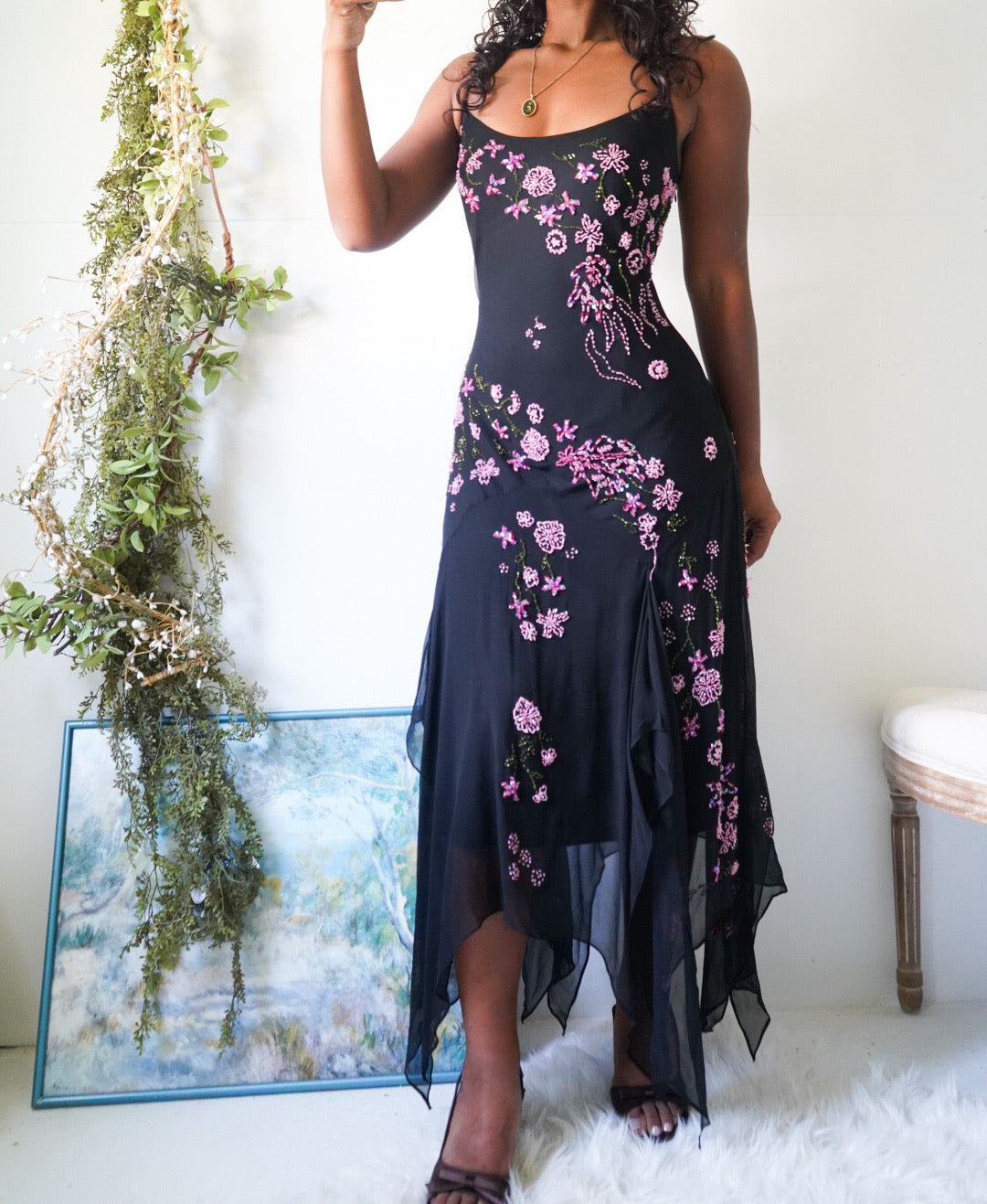 Y2K Black & Pink Beaded Silk Fairy Dress