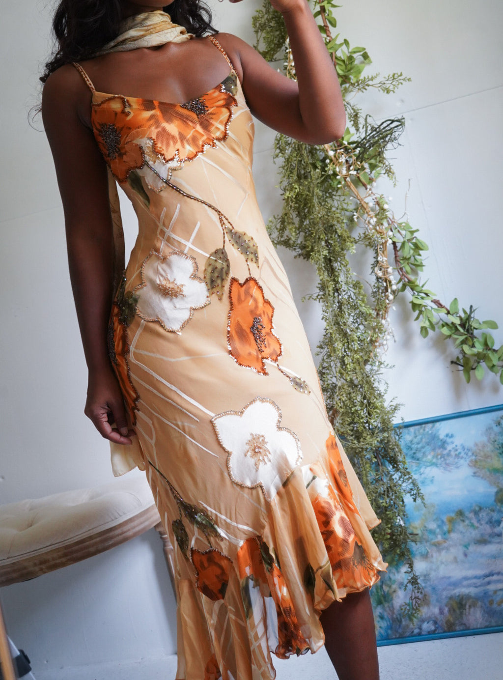 Rare Y2K Tan Floral Devore Beaded Silk Dress