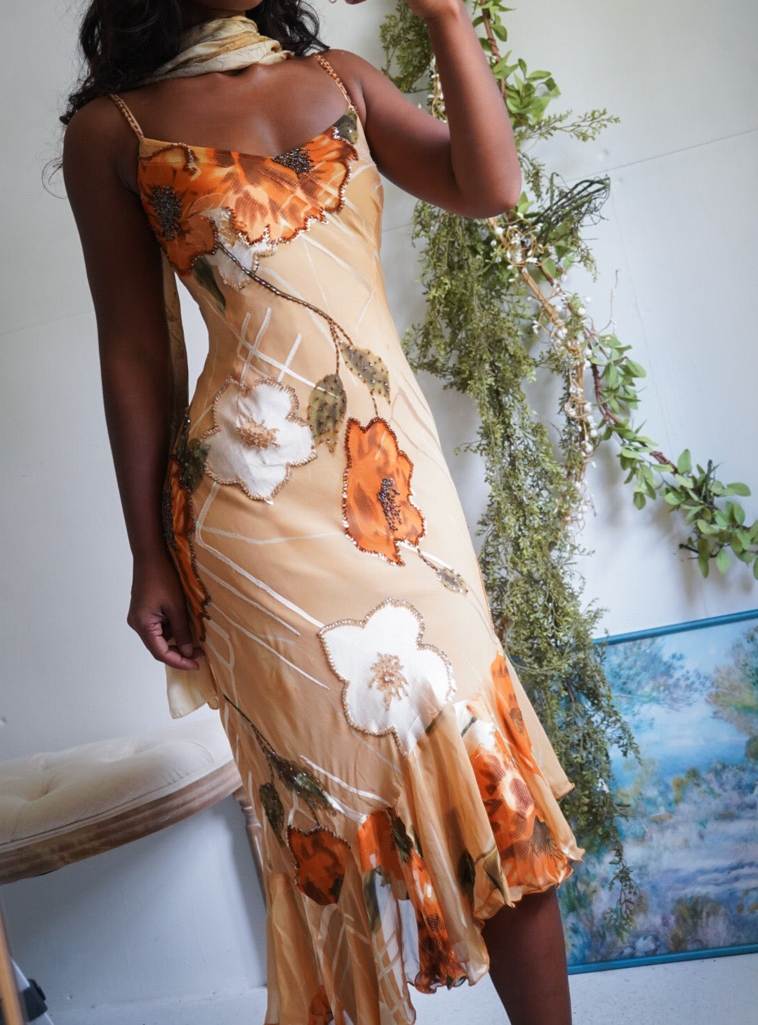 Rare Y2K Tan Floral Devore Beaded Silk Dress