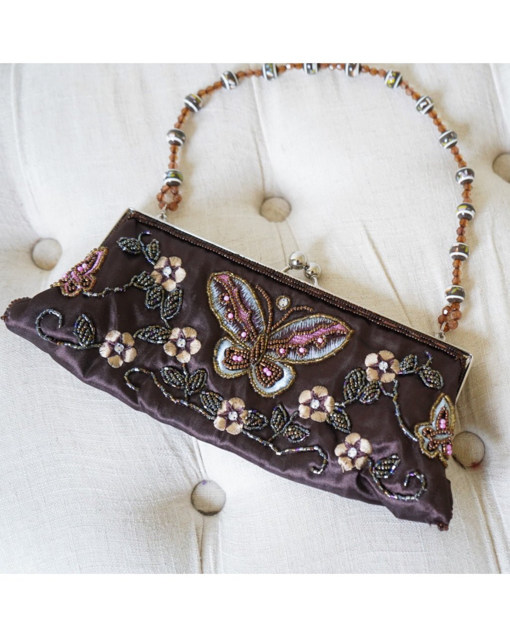 Rare Y2K Chocolate Satin Beaded Butterfly Purse