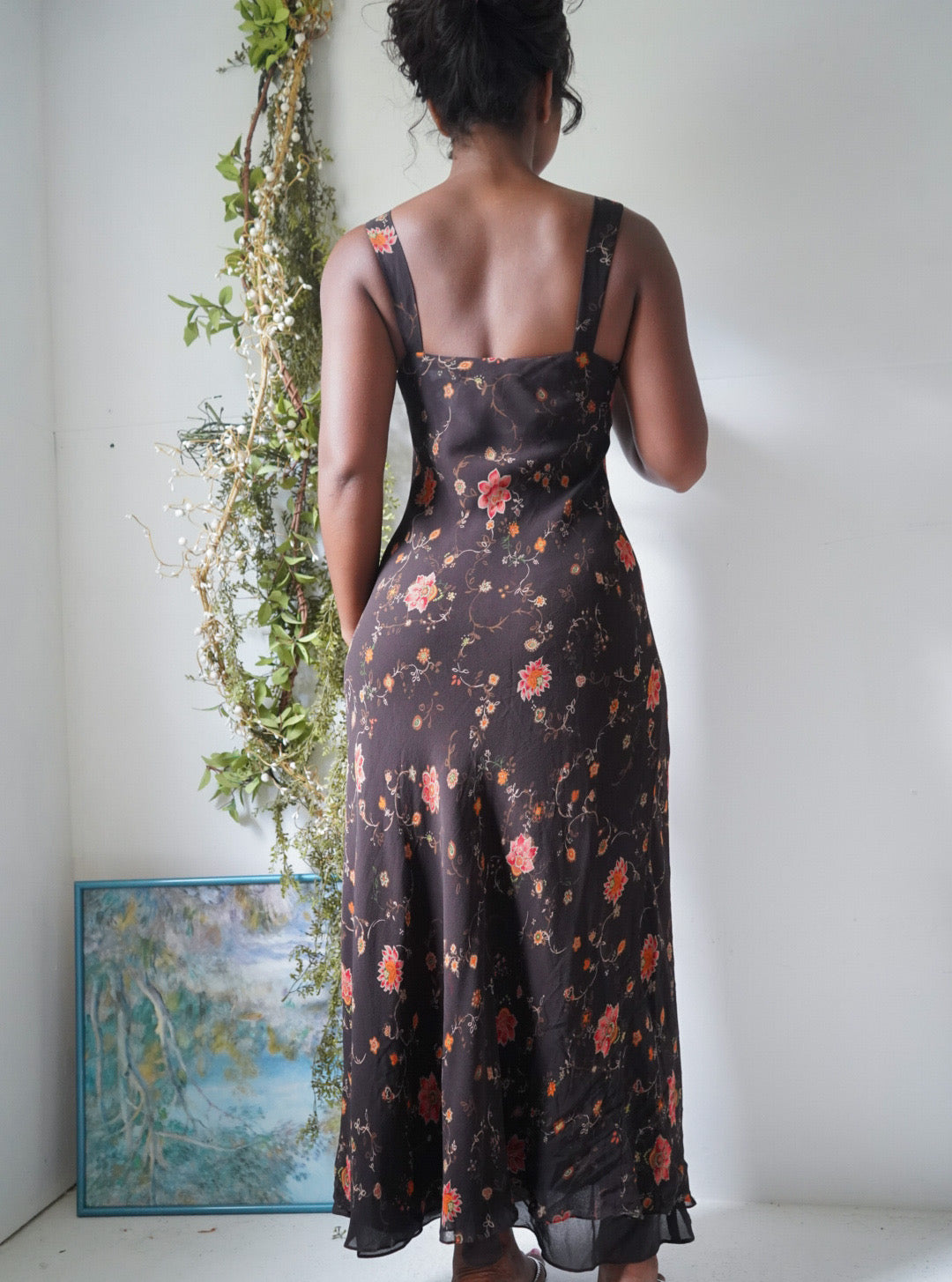 Y2K Brown Romantic Floral Silk Dress