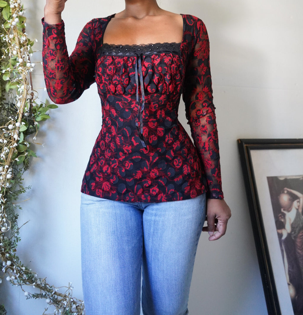 Vintage Y2K Goth Milkmaid Long Sleeve Lace Top