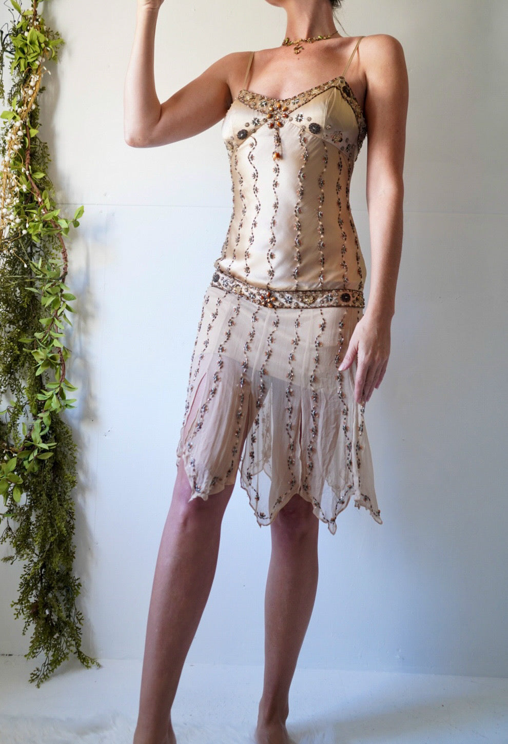 Y2k Beaded Champagne Silk Fairy Dress
