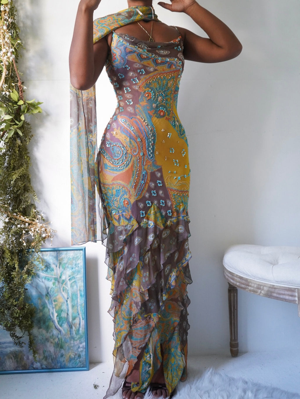 Rare Y2K Boho Paisley Beaded Silk Gown
