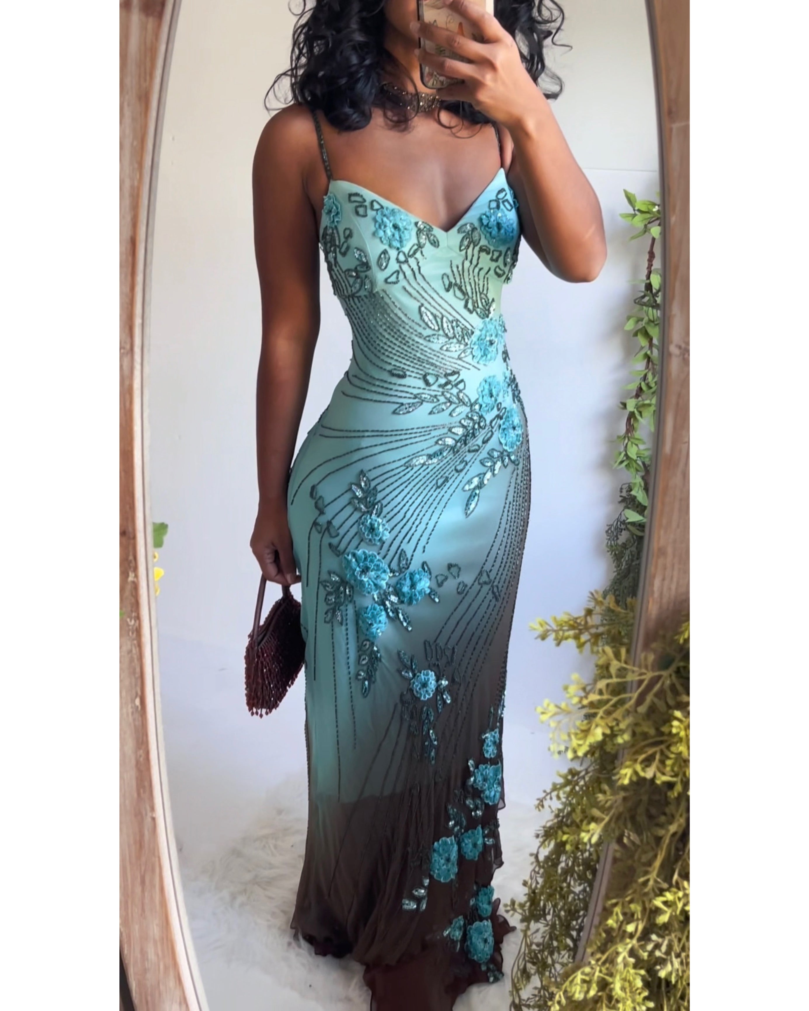 Rare Brown and Turquoise Ombre Beaded Silk Gown