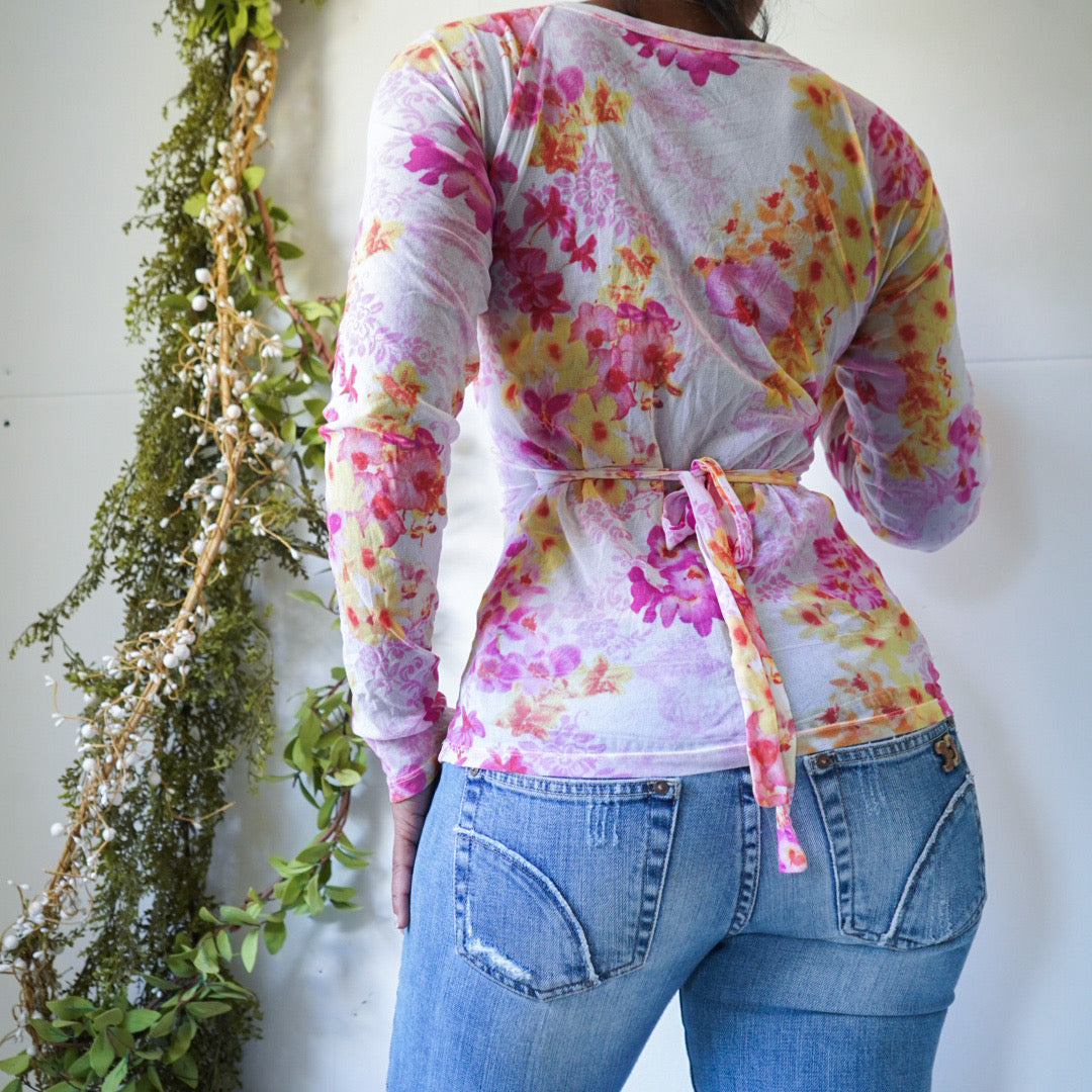 Mesh Floral Tie Back Long Sleeve Top