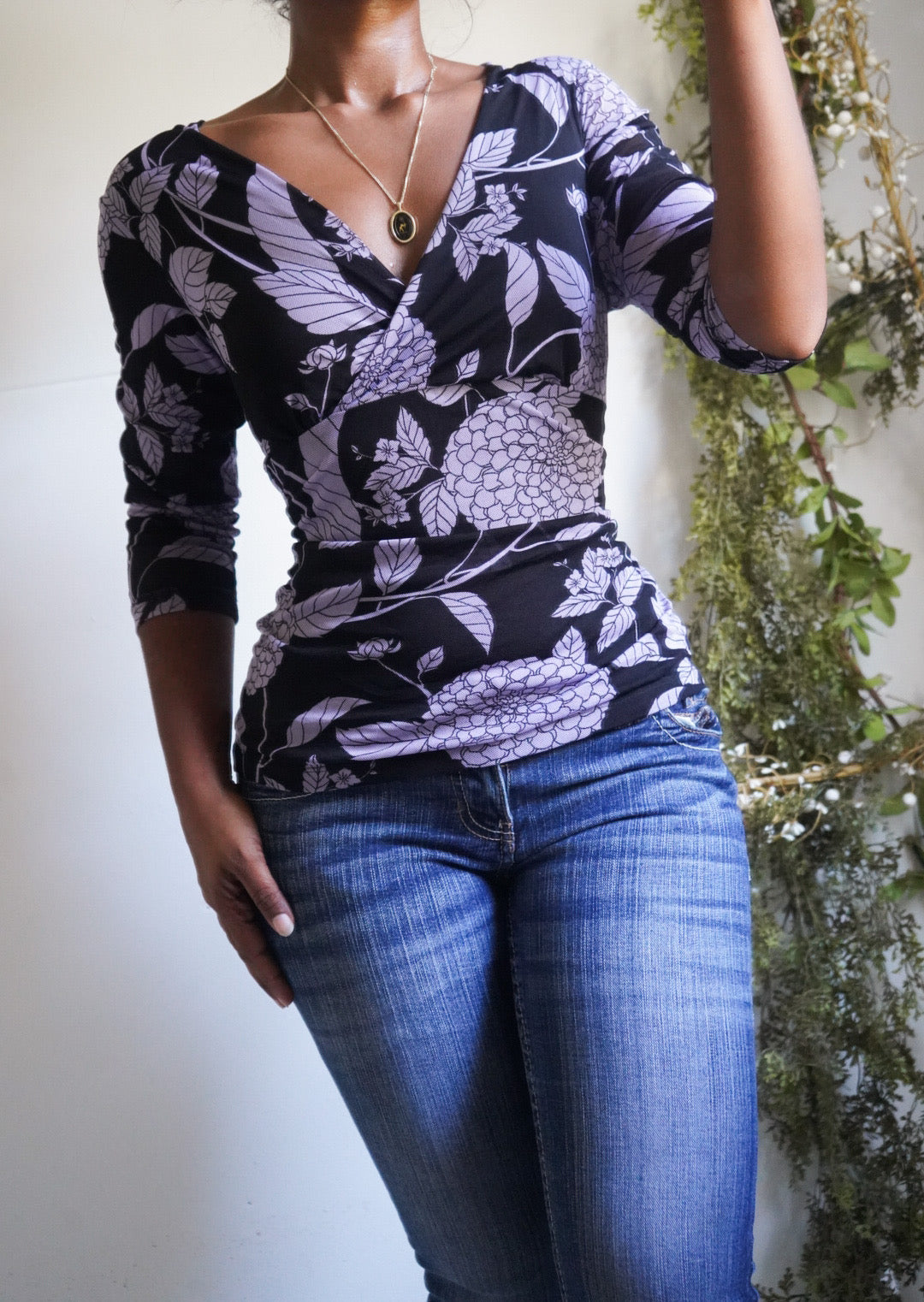 Y2K Purple and Black Floral Crossover Mesh Top