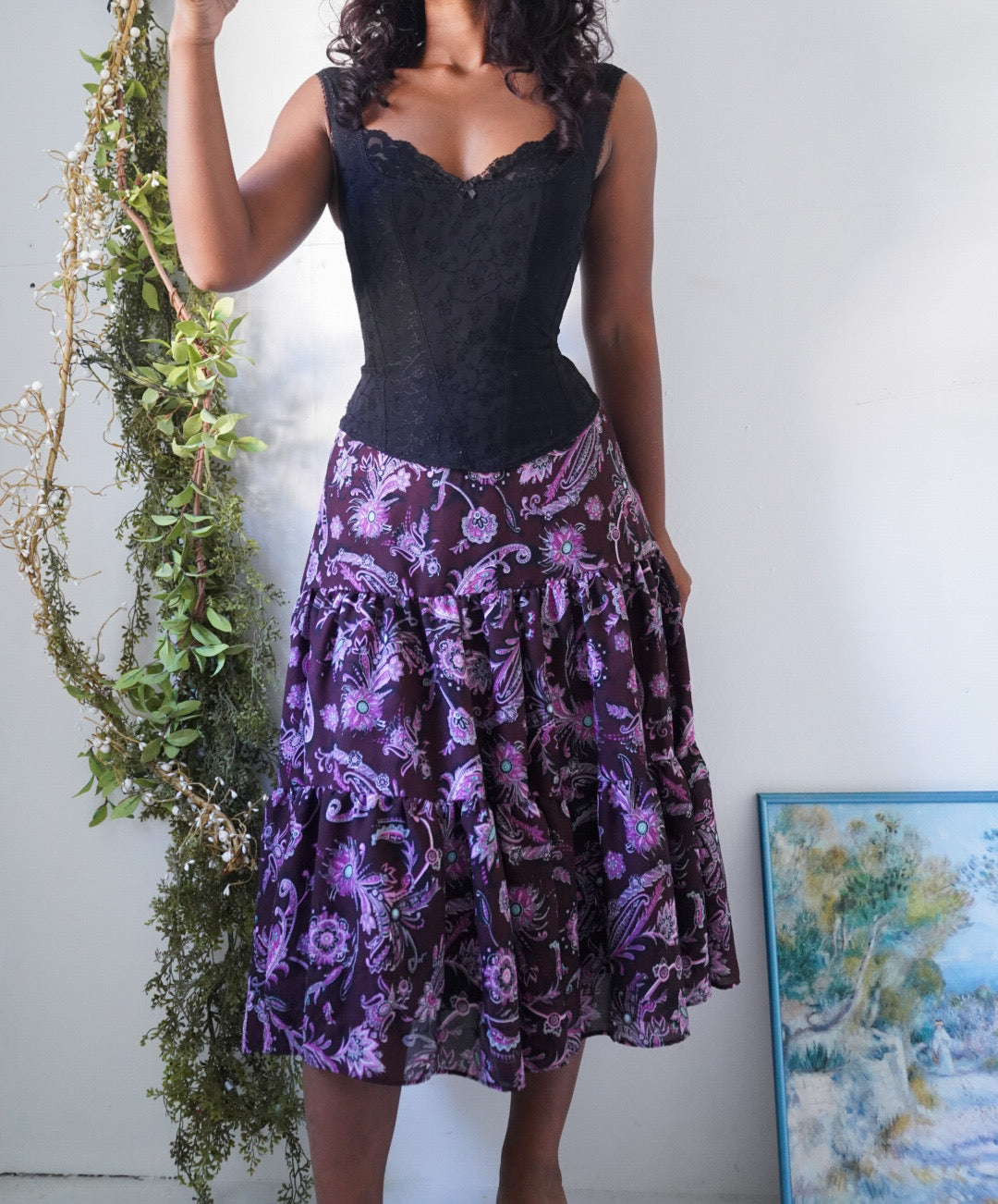Y2K Tiered Purple Paisley Skirt