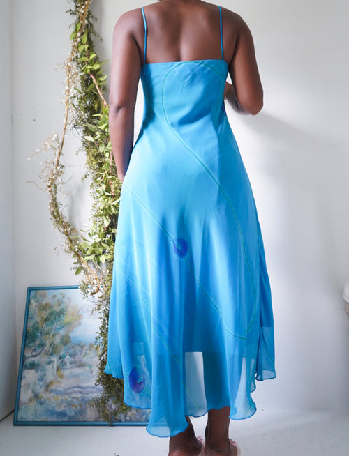 Y2K Ombre Blue Painted Flower Midi Dress
