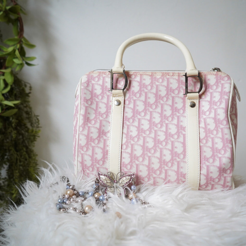 Y2K Dior Pink Trotter Monogram Leather Trim Boston Bag