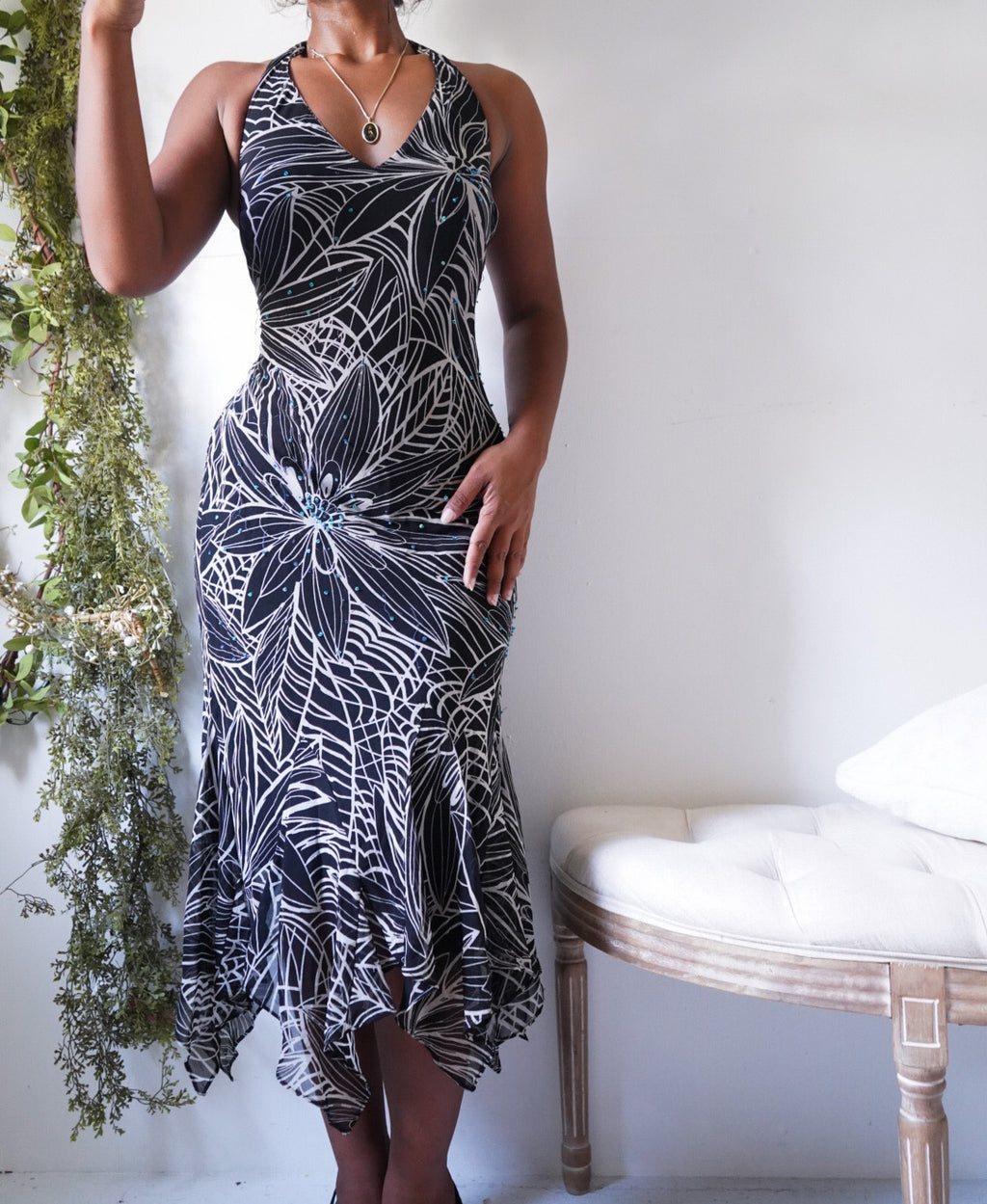 Y2K Monochrome Floral Sequined Halter Dress