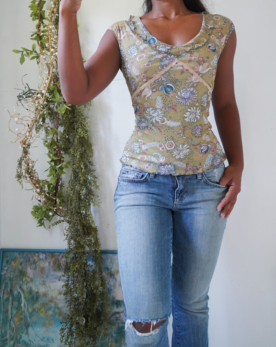 Y2K Sage Green Paisley Mesh Tee