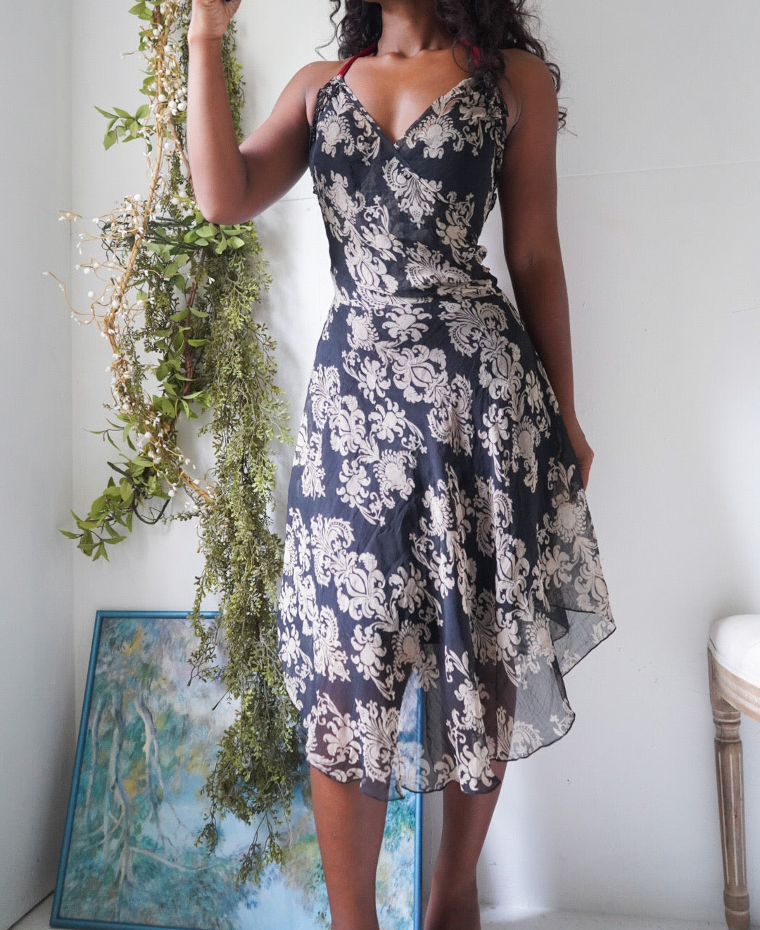 Y2K Black and Cream Paisley Floral Dress With Red Halter Tie