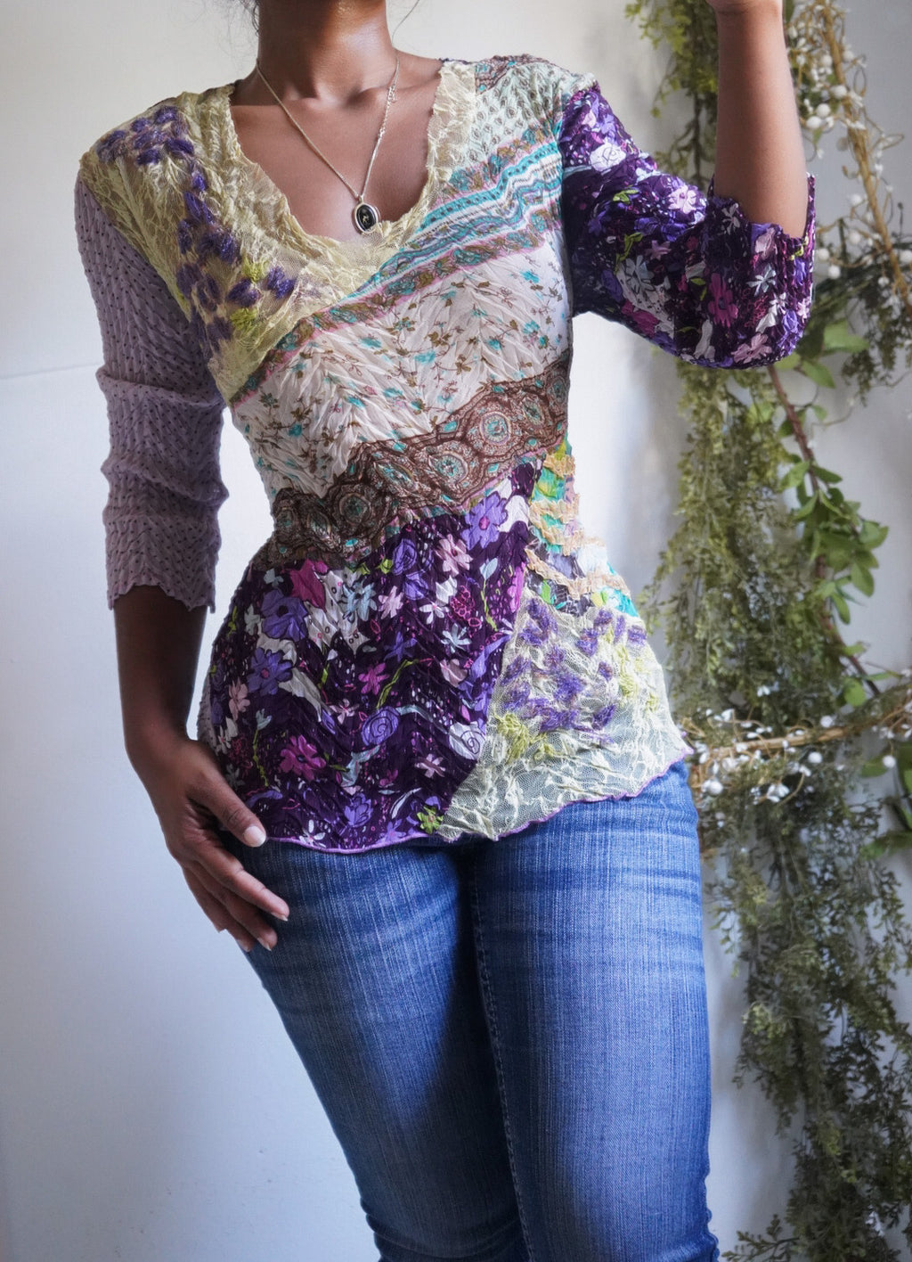 Y2K Patchwork Crinkle Pleat Alberto Makali Top