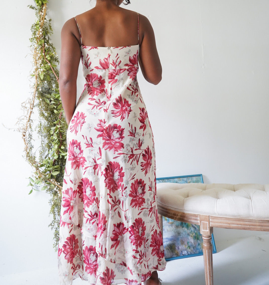 Y2K Cream and Red Floral Cowl Neck Midi Dress