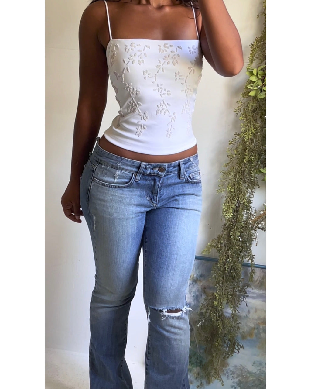 Y2K White Stretch Satin Embellished Cami
