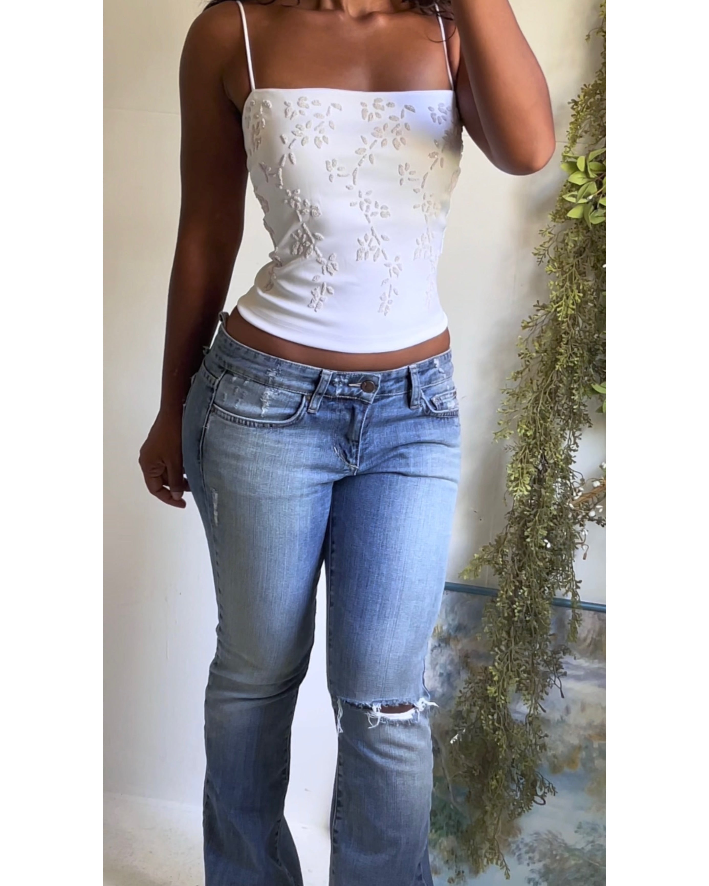Y2K White Stretch Satin Embellished Cami