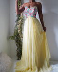 Y2K Yellow Pastel Floral Strapless Fairy Gown