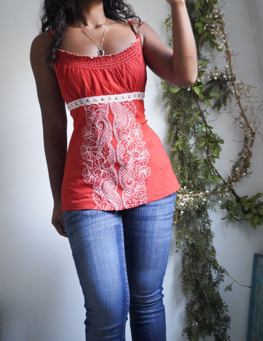 Y2K Burnt Orange Textured Milkmaid Top