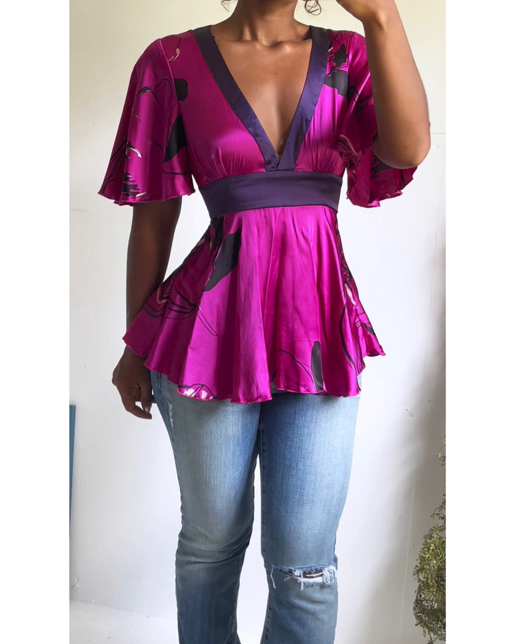 Y2K Bebe Fuchsia Silk Babydoll Top