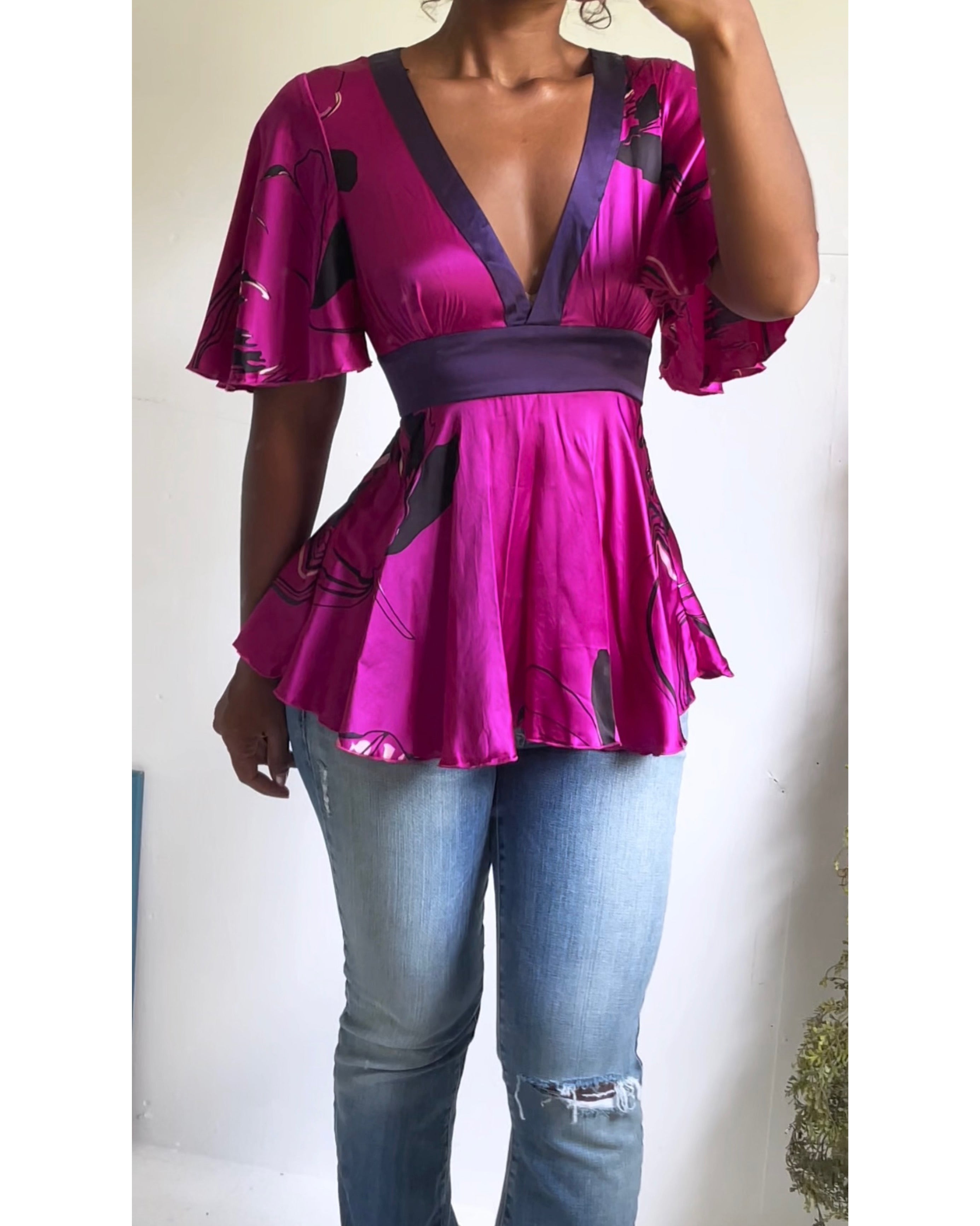 Y2K Bebe Fuchsia Silk Babydoll Top