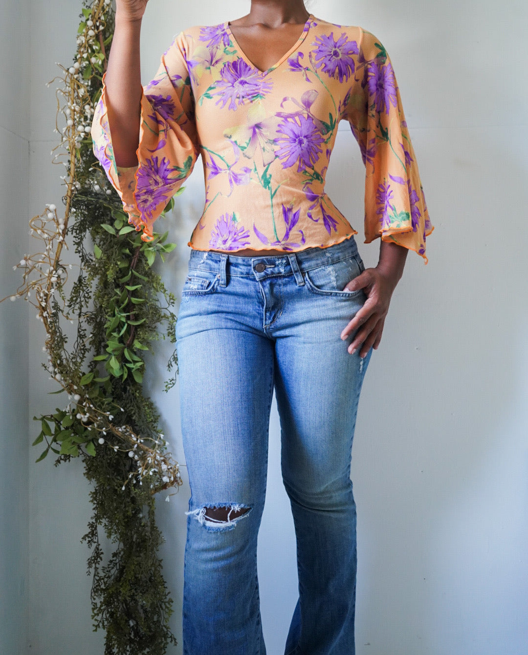 Y2K Orange Floral Angel Sleeve Top