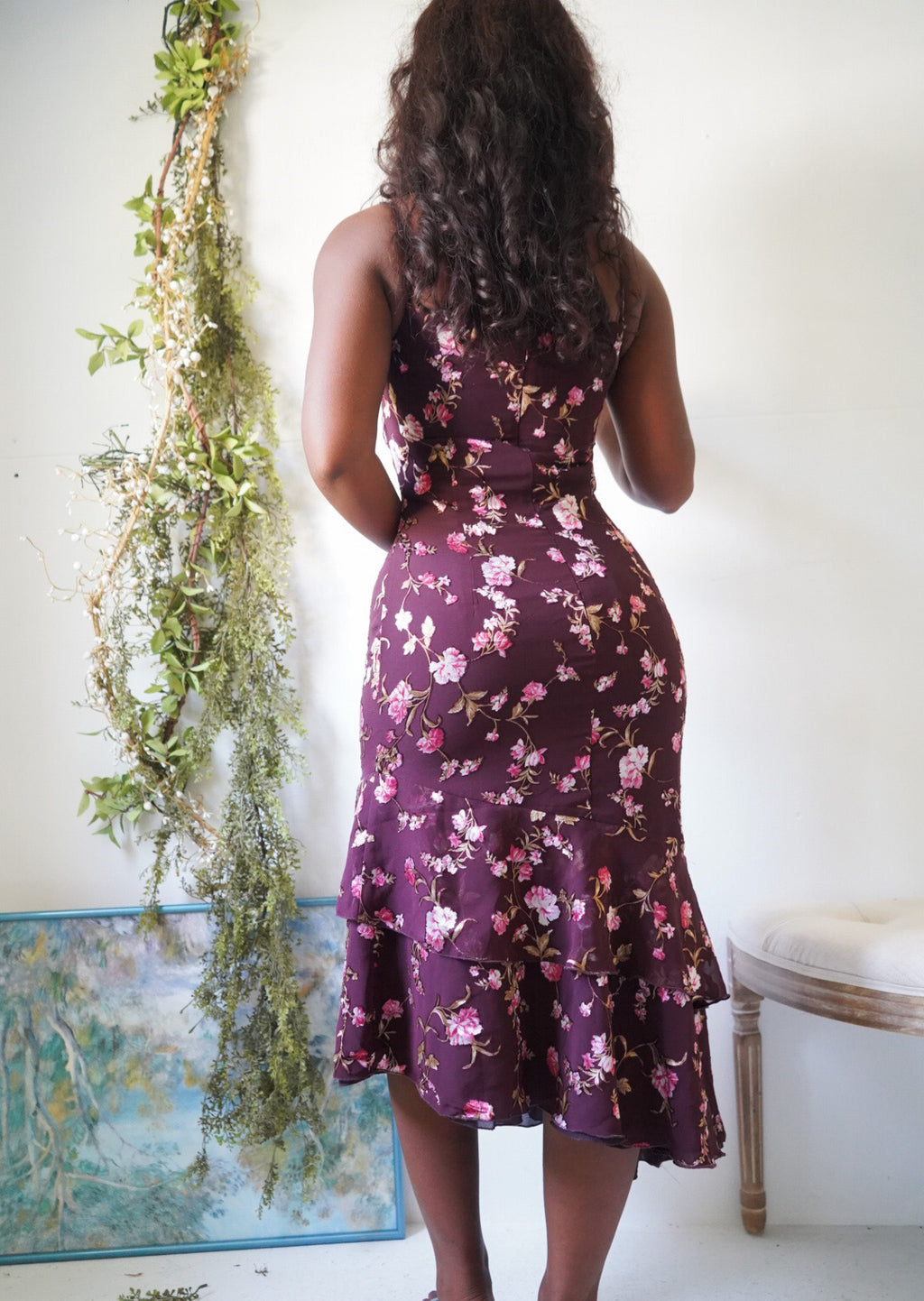 Y2K Wine Burnout Floral Midi Dress