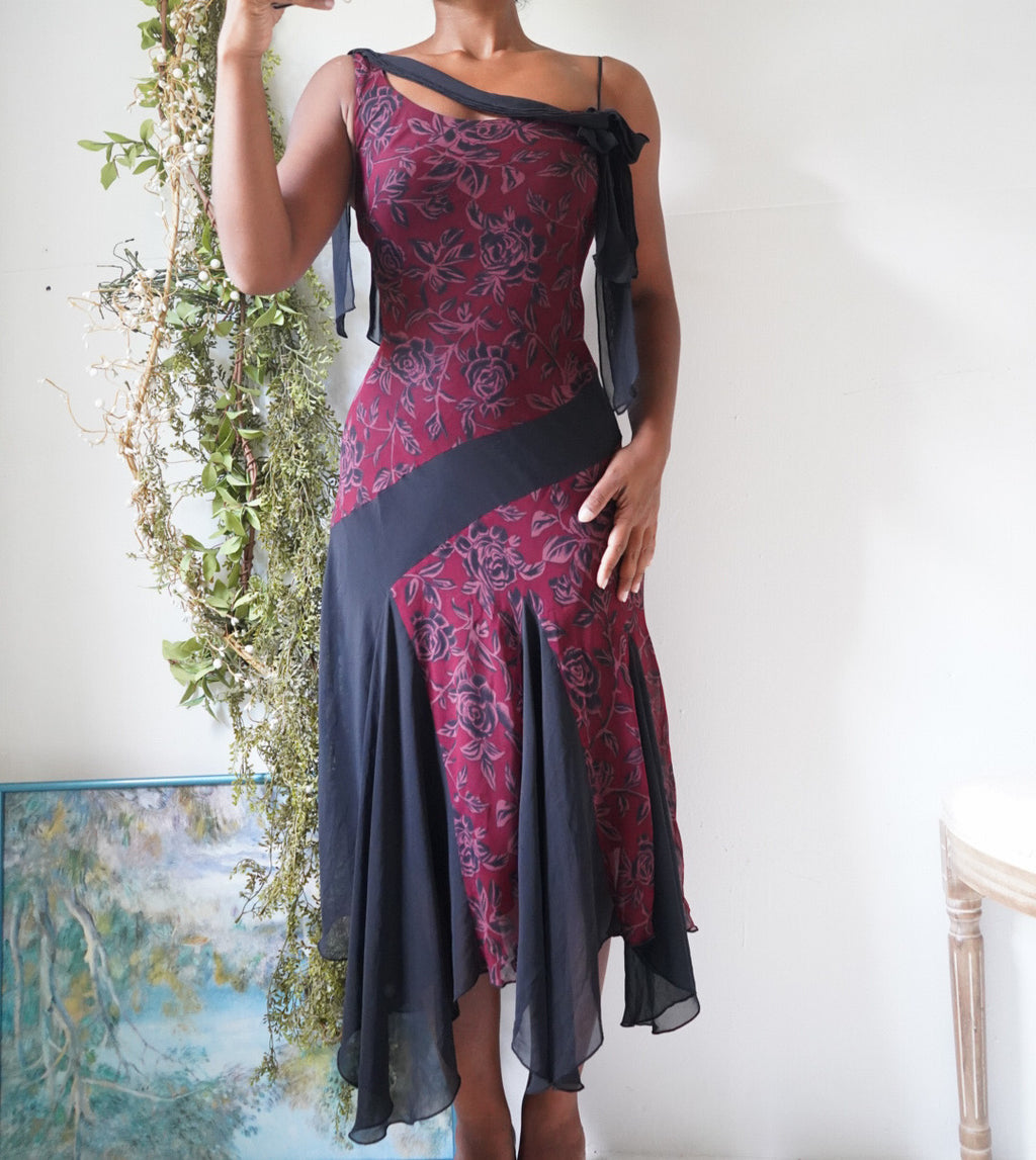 Y2K Silk Rare Maroon and Black Midi Dress