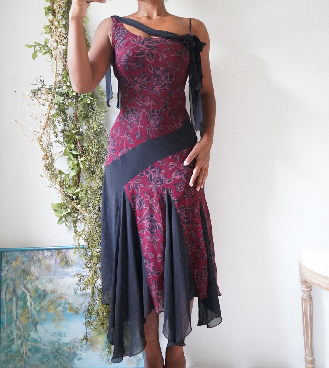 Y2K Silk Rare Maroon and Black Midi Dress