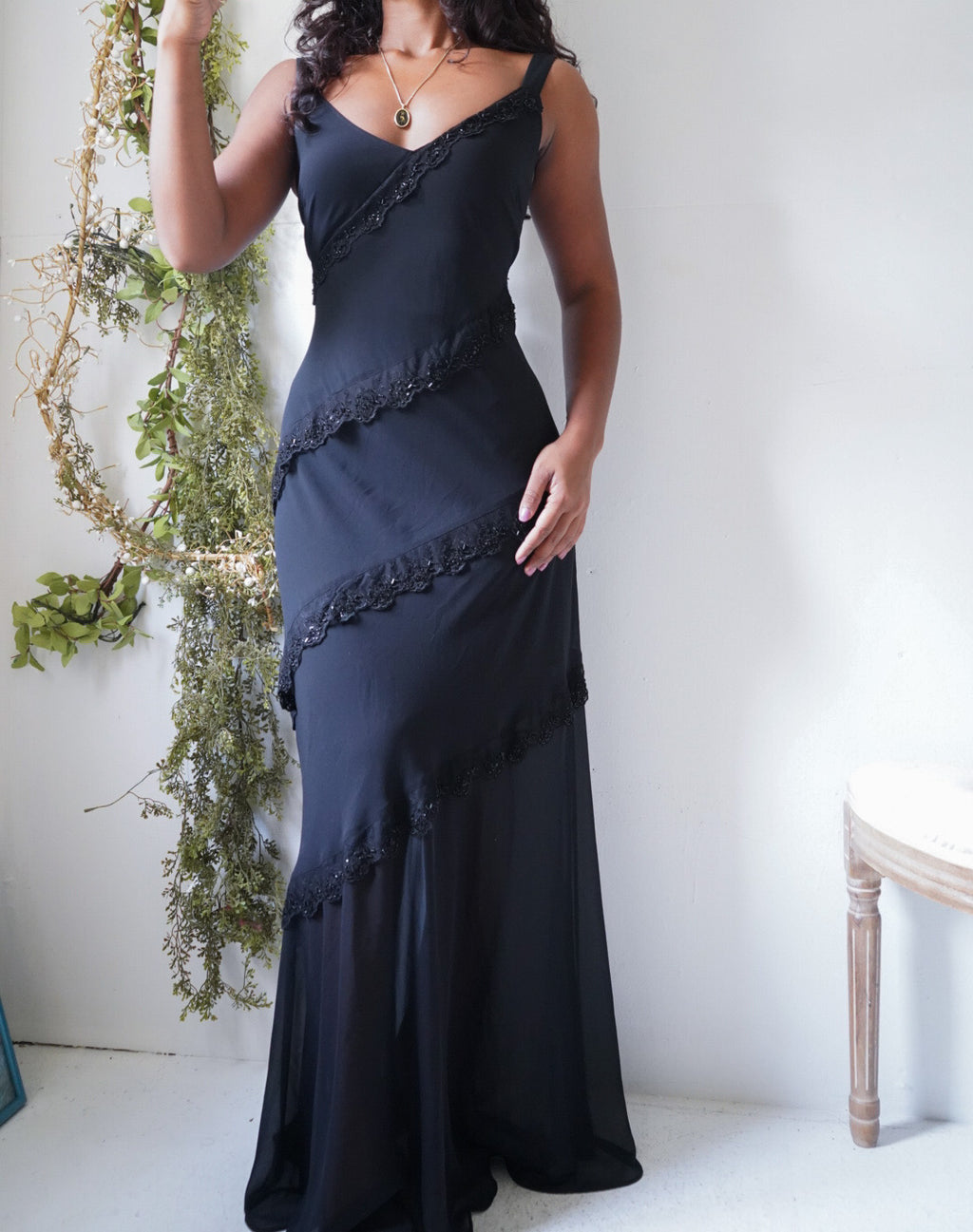Y2K Black Beaded Lace Trimmed Evening Dress