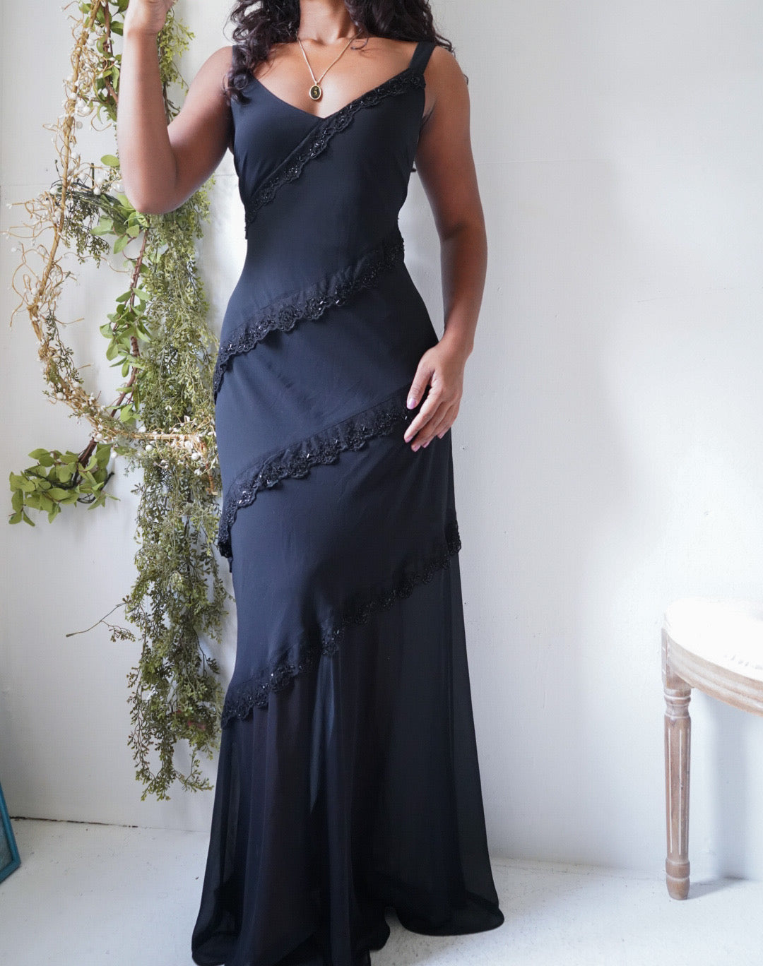 Y2K Black Beaded Lace Trimmed Evening Dress