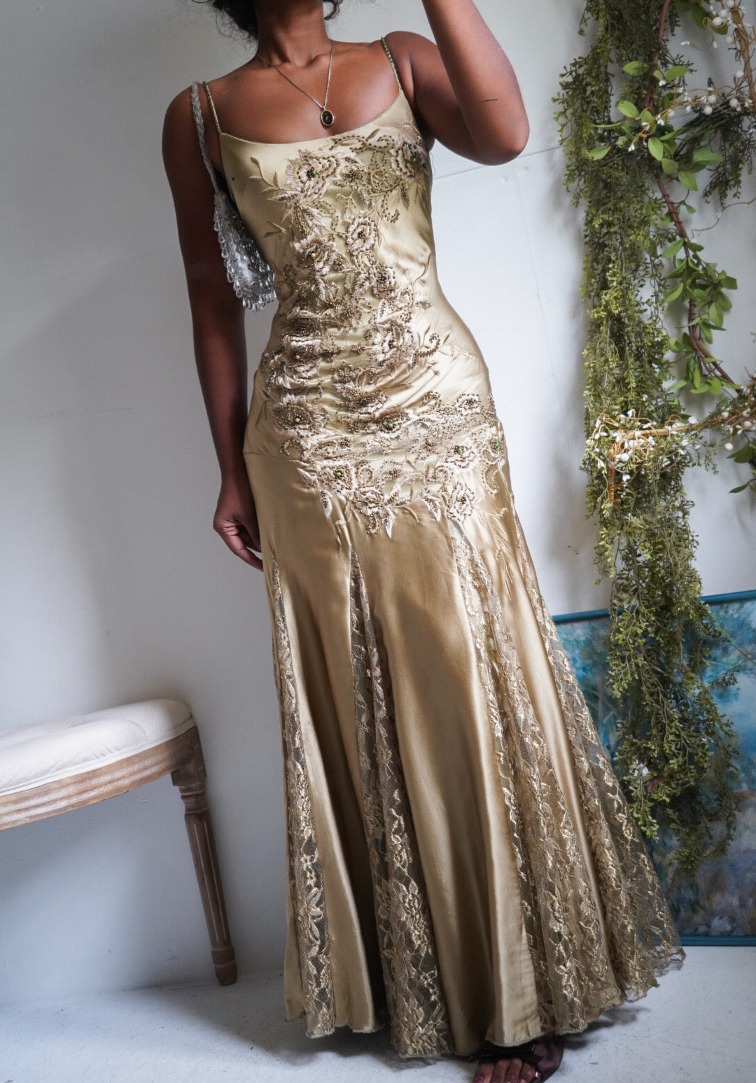 Rare Y2K Sue Wong Nocturne Sage Silk and Lace Beaded Gown