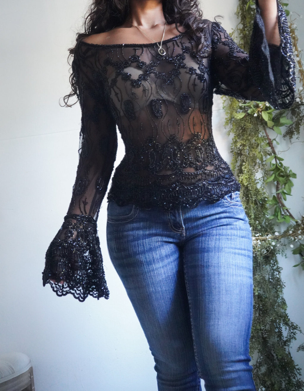 Y2K Fully Beaded Sheer Black Ruffle Sleeve Top