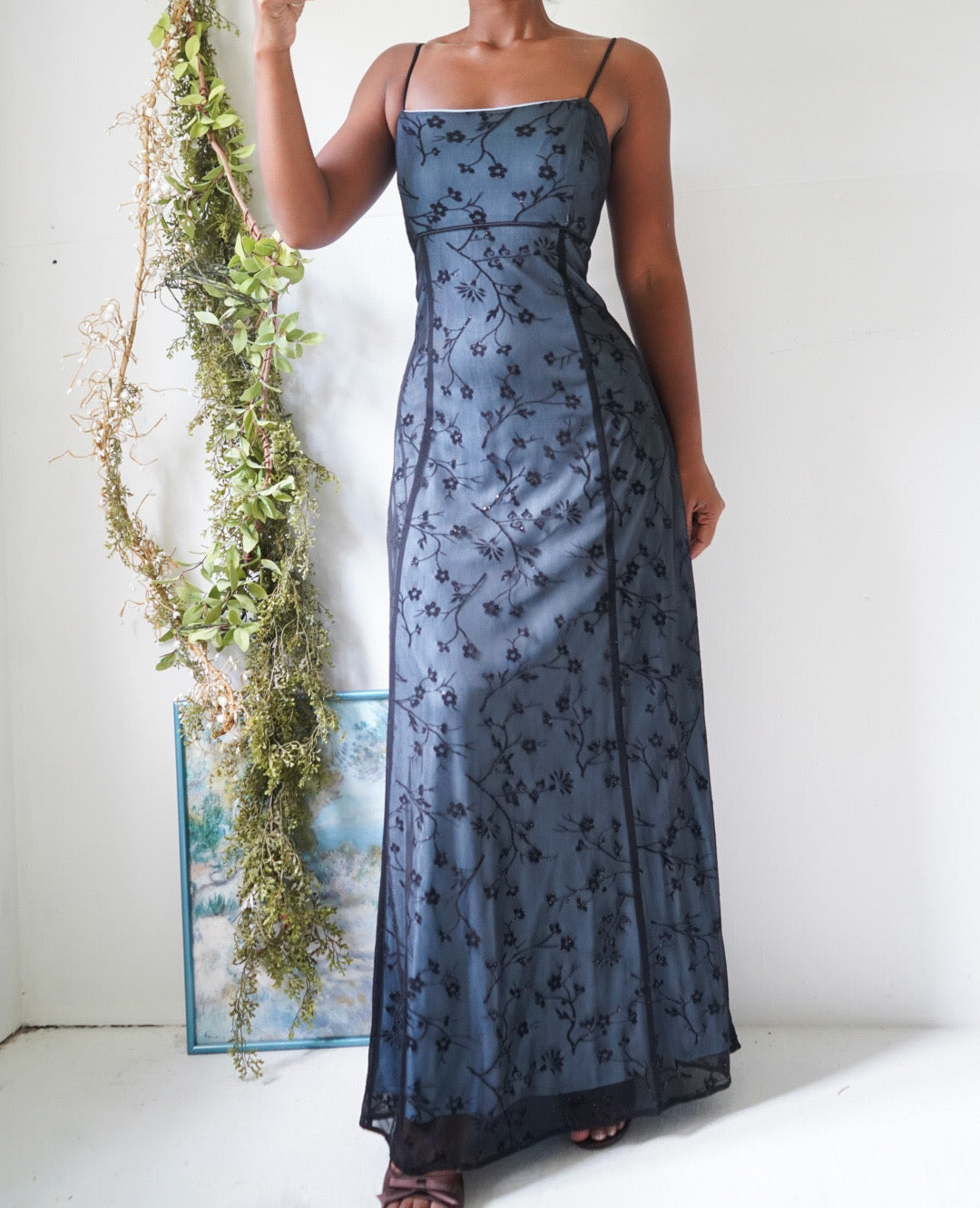 Vintage Y2K Baby Blue and Black Layered Floral Gown
