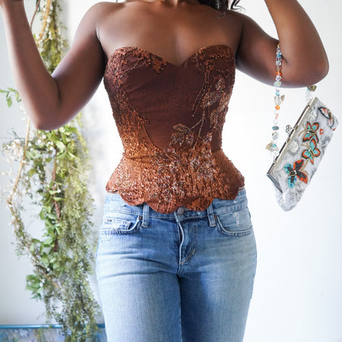 Rare Y2K Devore Silk Beaded Animal Print Bustier
