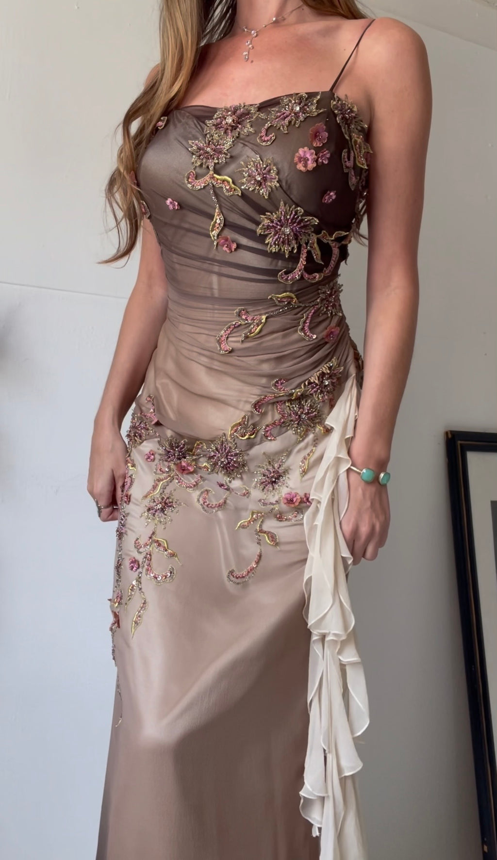 Y2k Ombre Silk Floral Bead Detail Fairy Gown